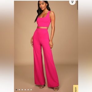 LuLus - Only Tonight Hot Pink Two-Piece Wide-Leg Jumpsuit - MEDIUM